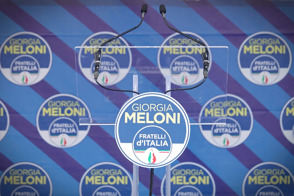 « fratelli,D&rsquo;italia »,Party,Logos,On,A,Stage,Without,People,Before
