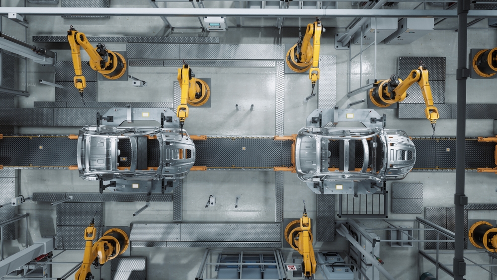 Aerial,Car,Factory,3d,Concept:,Automated,Robot,Arm,Assembly,Line