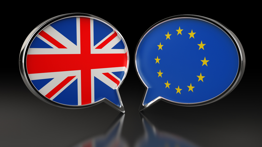 United,Kingdom,And,Europe,Union,Flags,With,Speech,Bubbles.,3d