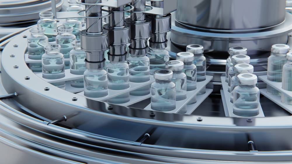Close,Up,3d,Render.,Vaccine,Manufacturing,,Machine,Puts,Caps,On
