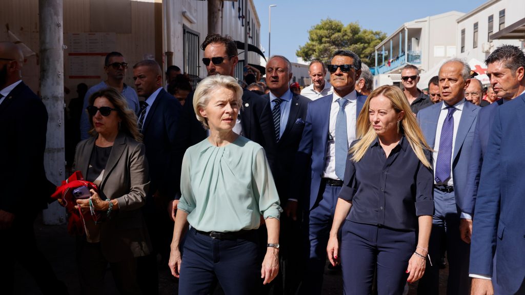 EC President Ursula von Der Leyen and Italian President Giorgia Meloni visit the migrant hotspot in Lampedusa, September 17, 2023.