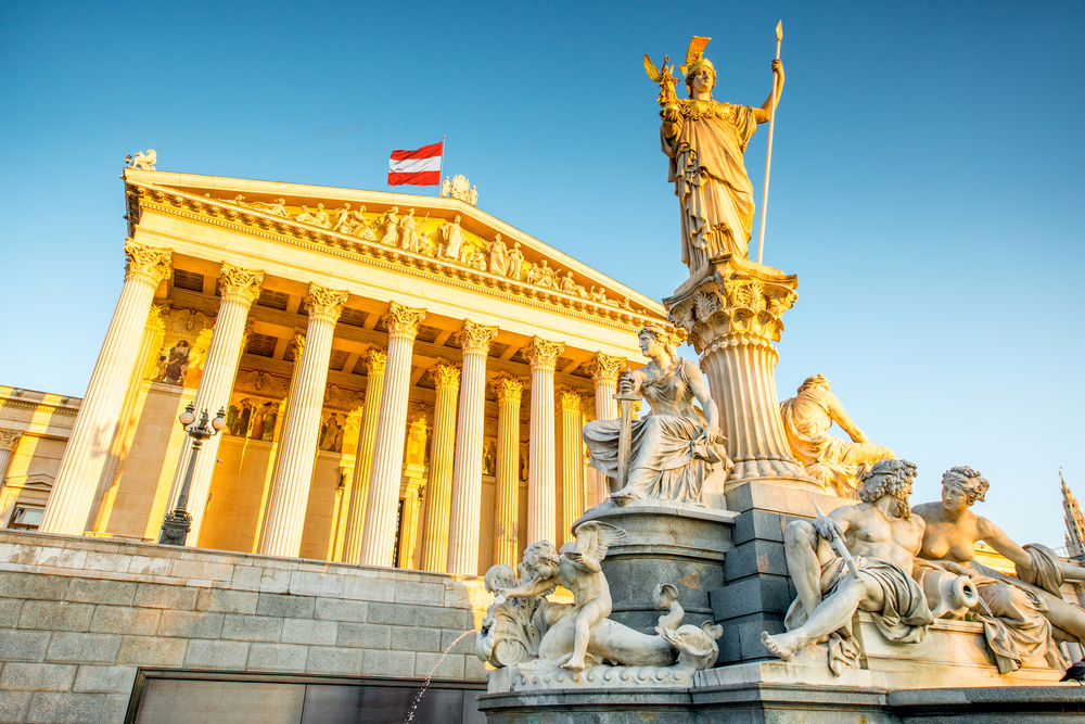 Austrian,Parliament,Building,With,Athena,Statue,On,The,Front,In
