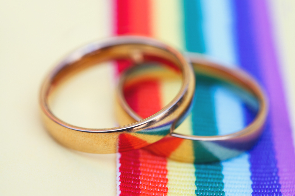 Pair,Of,Golden,Wedding,Rings,On,Lgbt,Rainbow,Ribbon,On