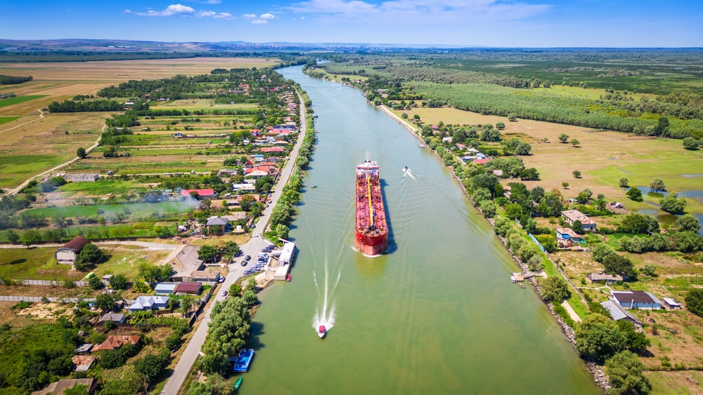 Tulcea,,Romania.,Sulina,Branch,,Marine,Navigation,On,Danube,River,,Partizani