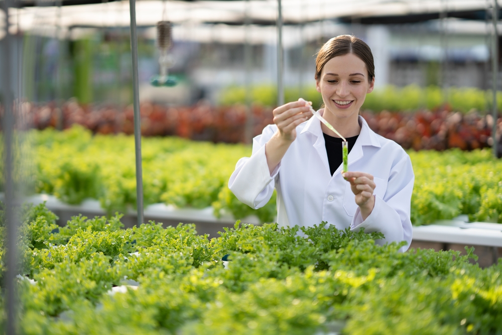 Female,Scientist,Examining,A,Plants,In,Greenhouse,Farm.,Scientists,Holding