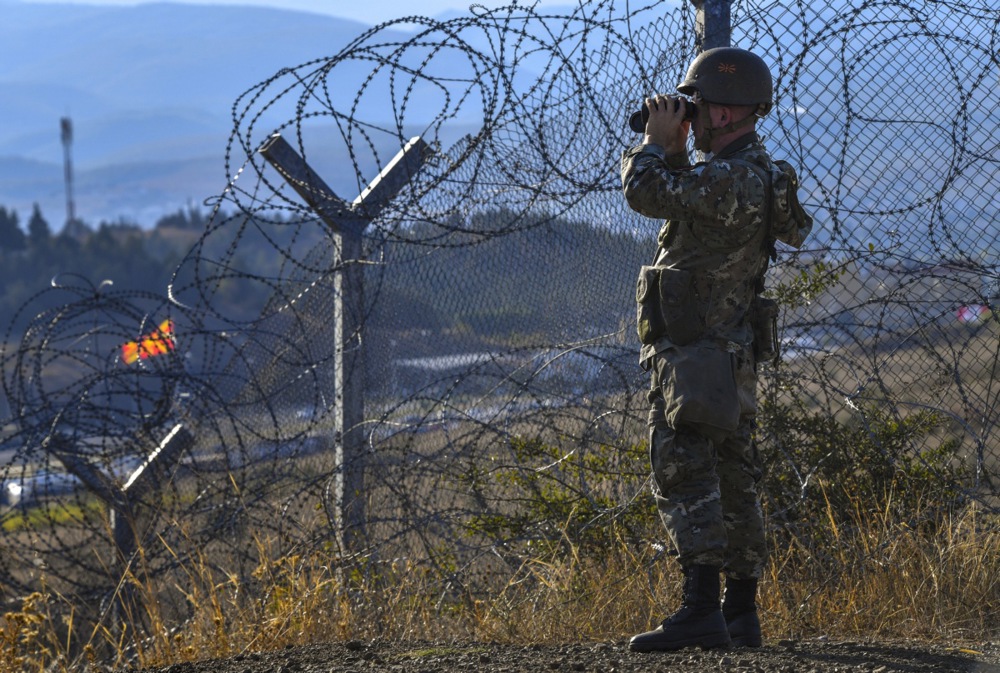 Macedonian soldiers control the border between North Macedonia and Greece