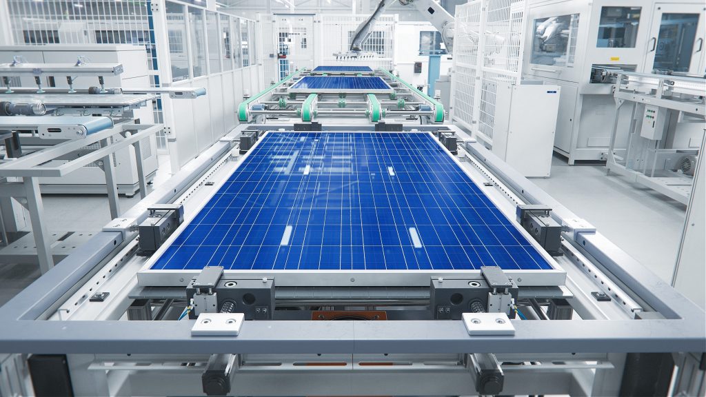 Solar,Panel,Production,Process,At,Modern,Bright,Automated,Factory.,Shot
