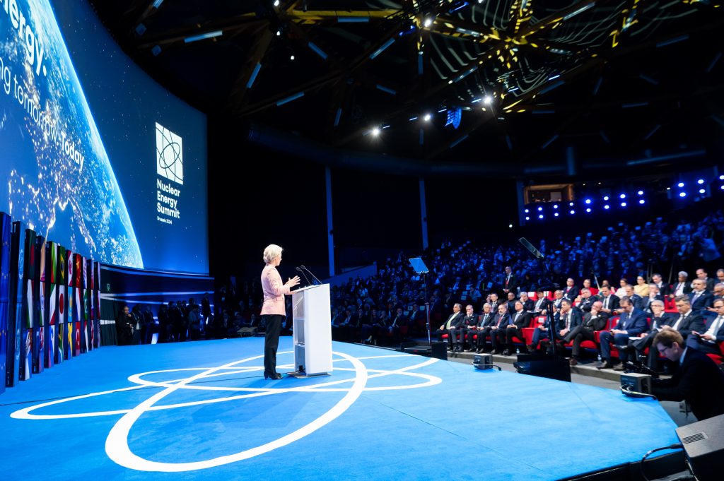 Ursula von der Leyen delivers a speech at the Nuclear Energy Summit 2024, chaired by Prime Minister De Croo