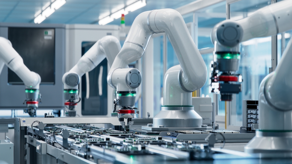 Advanced,High,Precision,Robot,Arm,Inside,Bright,Electronics,Factory.,Electronic