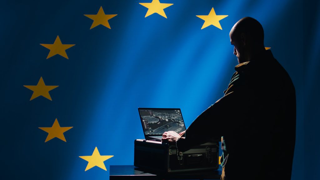 European Union alliance soldier in control room uses military tech