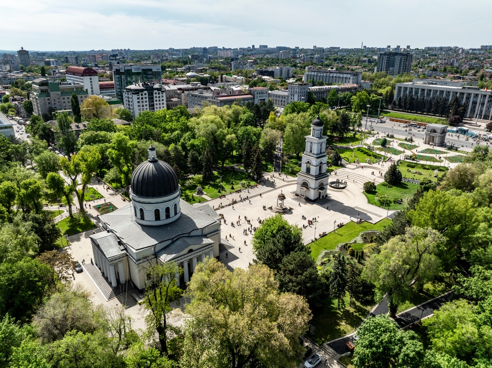 Aerial,View,Of,Center,Of,City,Of,Chisinau,With,Cathedral