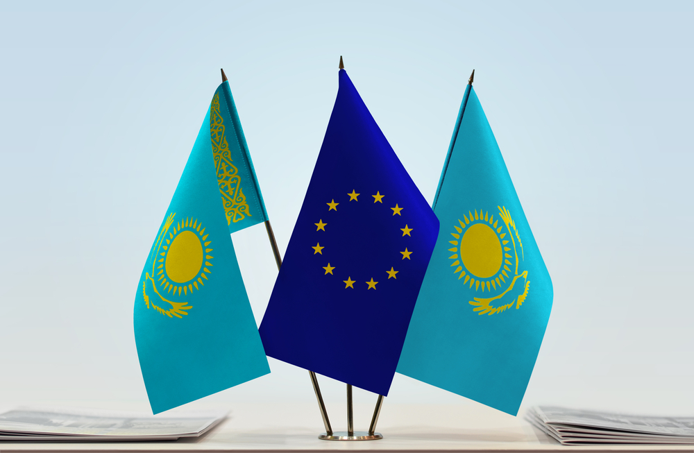 Kazakh,Flags,And,European,Union,Flag,Between