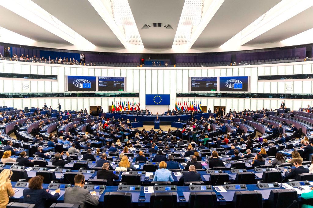 epa11650315 Hungarian Prime Minister Viktor Orban delivers his speech at a plenary session for the presentation of the programme of activities of the Hungarian Presidency at the European Parliament in Strasbourg, France, 09 October 2024.  EPA-EFE/CHRISTOPHE PETIT TESSON