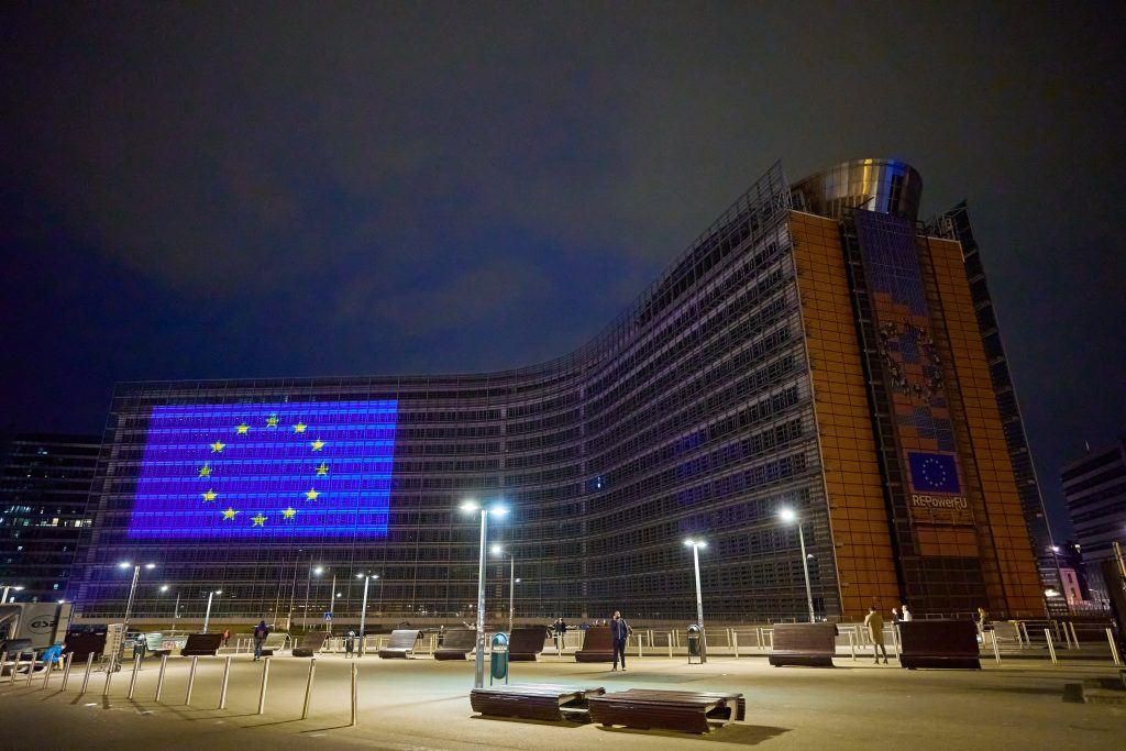 Le bâtiment du Berlaymont illuminé avec le logo du 20ème anniversaire de l&rsquo;élargissement de l&rsquo;UE en 2004