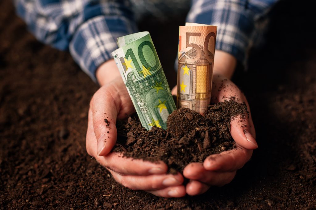 Hands with fertile soil and euro money banknotes