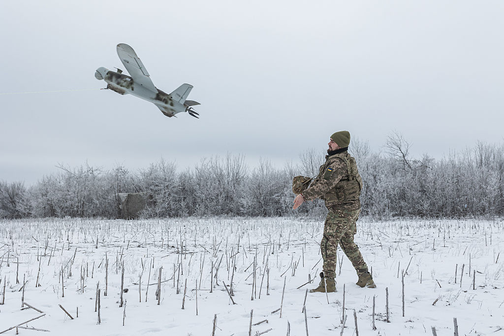 Ukrainian soldiers operate drone near Kostiantynivka