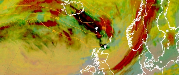 Eine Satellitenaufnahme von heute morgen zeigt wie sich die Aschewolke des Vulkanausbruchs von Island auf das nordeuropäische Festland zubewegt. Eurocontrol hat den europäischen Luftraum für den Flugverkehr teilweise gesperrt.