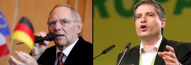 Wie ist der Banken-Stresstest zu bewerten? Bundesfinanzminister Wolfgang Schäuble (CDU) und der grüne EU-Abgeordnete Sven Giegold (R) ziehen unterschiedliche Schlüsse. Fotos: dpa