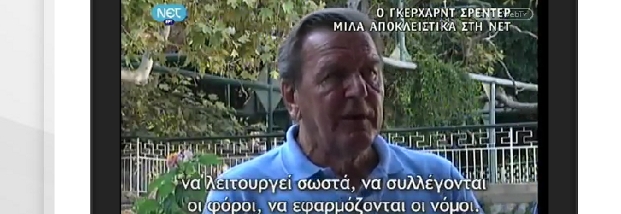 Kritik aus Kos: Das TV-Interview mit Gerhard Schröder auf der griechischen Urlaubsinsel. Foto: Screenshot