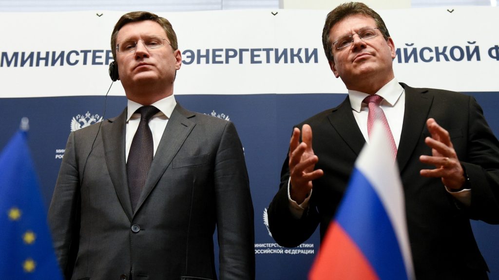 The Vice-President of the European ComMission Maros Sefcovic (R) and Russian Energy Minister Alexander Novak address the media after their meeting in Moscow on November 25, 2016.