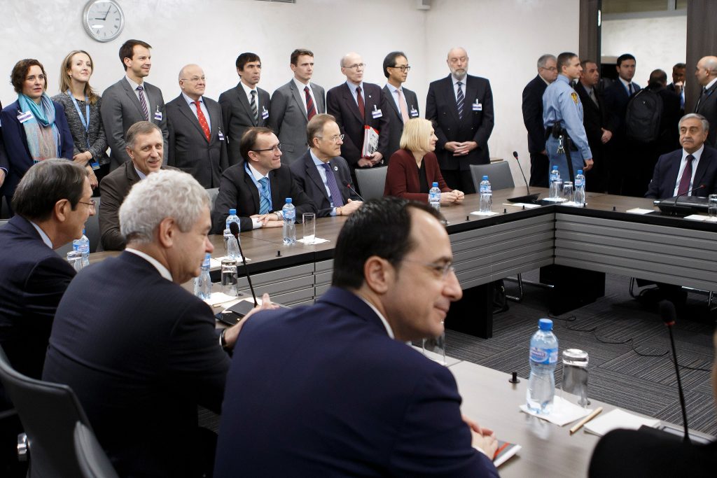 Greek Cypriot President Anastasiades, Special Adviser to the UN Secretary-General on Cyprus Eide, Turkish Cypriot leader Akinci and other officials attend a new round of Cyprus Peace Talks, at the European headquarters of the UN in Geneva