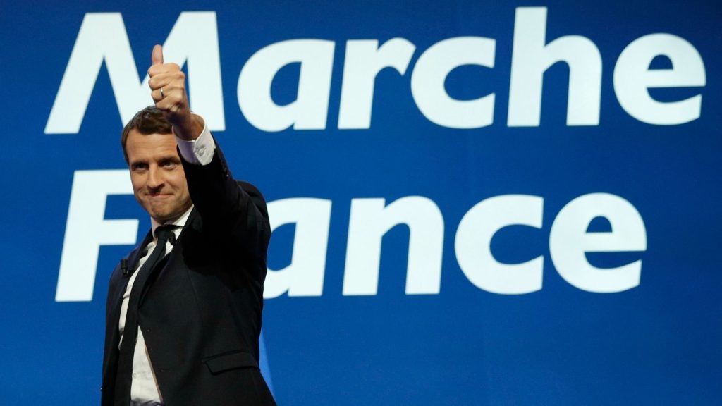 epa05924555 French presidential election candidate for the ‚En Marche!‘ (Onwards!) political movement, Emmanuel Macron celebrates after the first round of the French presidential elections in Paris, France, 23 April 2017. Media reports that polling agencies projections place Le-Pen and centrist presidential candidate Emmanuel Macron in the lead positions for the vote. France will hold the second round of the presidential elections on 07 May 2017.  EPA/YOAN VALAT