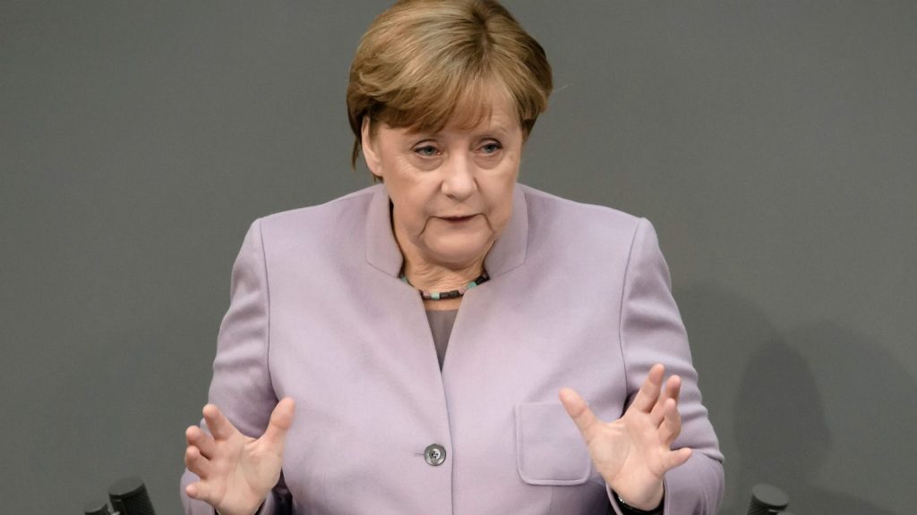 epa05930170 German Chancellor Angela Merkel gives a government declaration at the German Parliament ‚Deutscher Bundestag‘ in Berlin, Germany, 27 April 2017. During the meeting, Merkel spoke about Germany’s attitude towards the so called Brexit.  EPA/CLEMENS BILAN