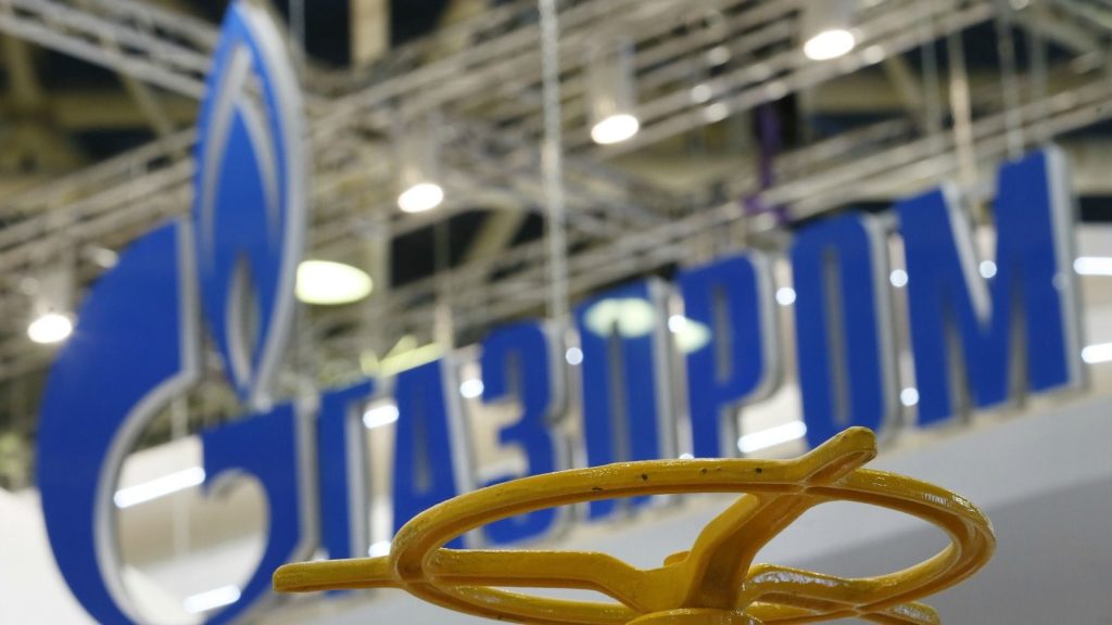 epa05265562 A logo of the Russian Gazprom company during the 16th Neftegaz International Exhibition in Moscow, Russia, 18 April 2016. The 16th Neftegaz International Exhibition is attended by 750 participants from 33 countries.  EPA/SERGEI ILNITSKY