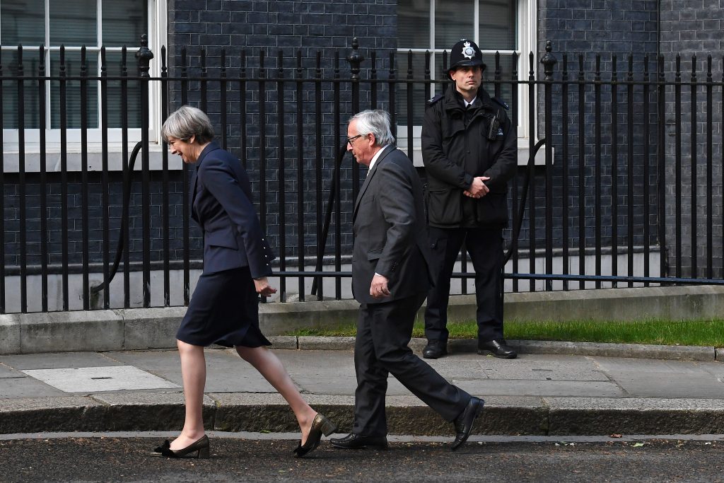 British Prime Minister Theresa May welcomes European Commission President Jean-Claude Juncker to 10 Downing Street for talks in London