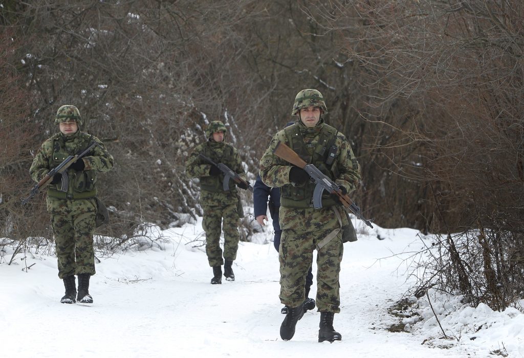 Serbian and Austrian border police patrol on the border