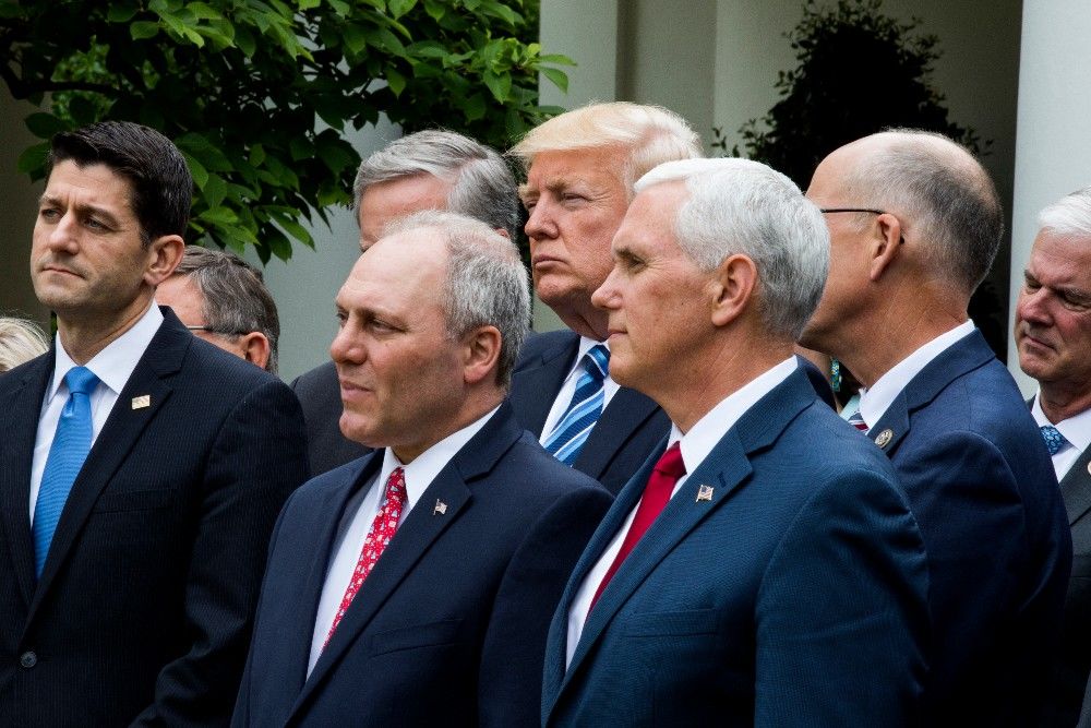 epa05944456 US President Donald J. Trump (C), surrounded by GOP lawmakers, prepares to speak after the House voted to repeal and replace Obamacare with a Republican version of the health care law in the Rose Garden of the White House in Washington, DC, USA, 04 May 2017. The Republican health care bill may never become law; it next goes to the Senate, where lawmakers will rework the bill and send it back to the House.  EPA/JIM LO SCALZO
