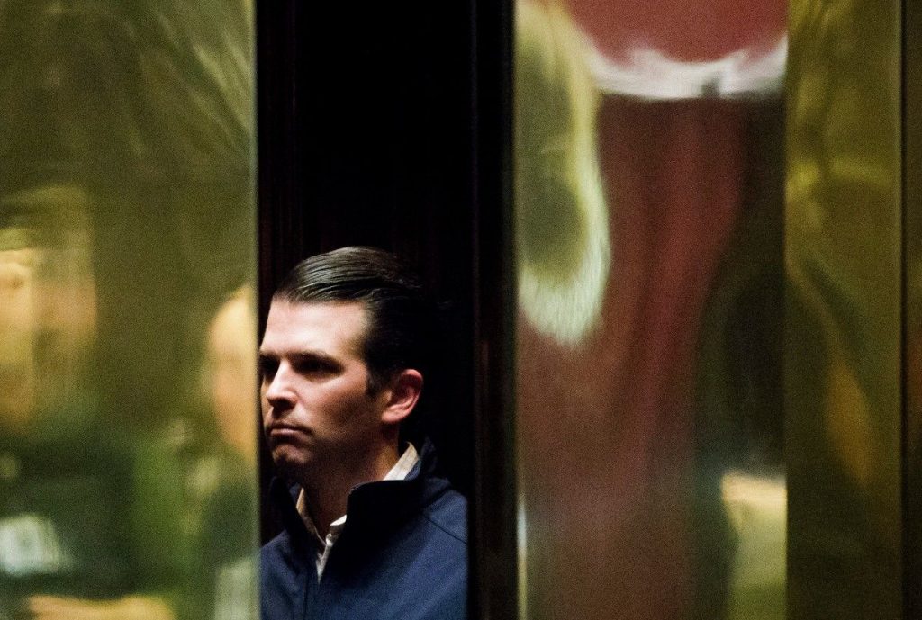 epa06082458 (FILE) – Donald Trump Jr. gets on an elevator in the lobby of the Trump Tower in New York, New York, USA, 02 December 2016 (reissued 12 July 2017). US President Donald Trump’s son, Donald Trump Jr., has released an email exchange alleging that he had intended to meet with a Russian lawyer who was allegedly offering incriminating information on US Presidential candidate Hillary Clinton in 2016.  EPA/JUSTIN LANE