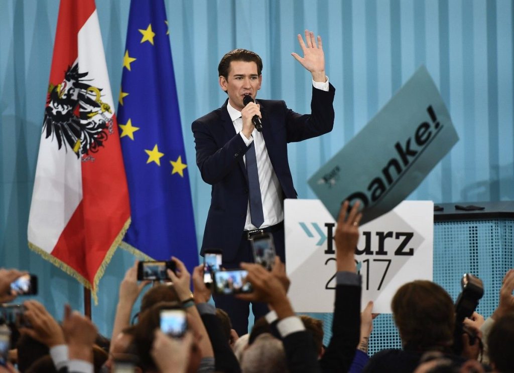 epa06268177 Austrian Foreign Minister Sebastian Kurz, the leader and top candidate of the Austrian Peoples Party (OeVP) addresses his supporters during an OeVP’s election party after the Austrian Federal Elections, in Vienna, Austria, 15 October 2017. According to the Interior ministry more than six million people were eligible to vote in the elections for a new federal parliament, the Nationalrat, in Austria.  EPA-EFE/CHRISTIAN BRUNA