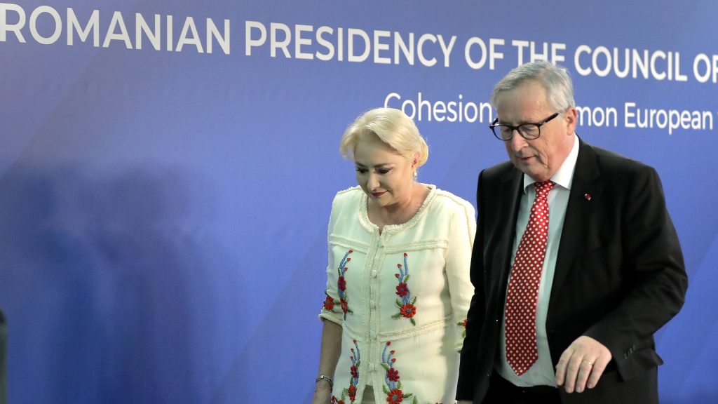epa07275021 European Commission President Jean-Claude Junker (R) and Romanian Prime Minister Viorica Dancila (L) leave after holding a joint press conference at Victoria Palace in Bucharest, Romania, 11 January 2019. Romania took the Presidency of the Council of the European Union for six months, starting 01 January 2019. Juncker and the College of Commissioners are in Bucharest on 10 to 11 January to attend the official launch of the Romanian Presidency of the Council of the European Union.  EPA-EFE/ROBERT GHEMENT