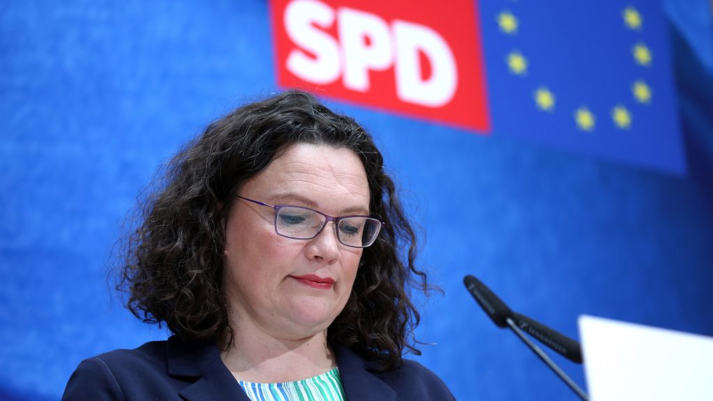 epa07606173 German Social Democratic Party (SPD) chairwoman and faction chair in the German parliament Bundestag Andrea Nahles attends a press conference at the party’s headquarters in Berlin, Germany, 27 May 2019. According to a projection based on exit polls, German party SPD will win just 15.8 percent in the European Union parliament elections and lose Bremen for first time since the second world war.  EPA-EFE/OMER MESSINGER
