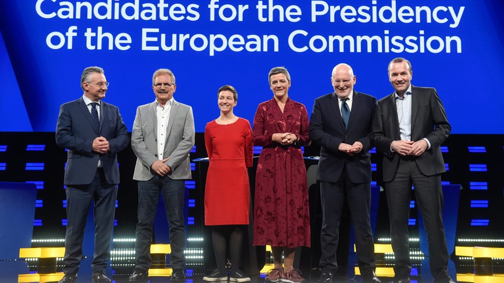 Candidates for the Presidency of the European Commission/Eurovision Debate – EU Elections 2019- Jan ZAHRADIL, lead candidate of the Alliance of Conservatives and Reformists in Europe (ACRE), Nico CUÉ, lead candidate of the European Left (EL), Ska KELLER, lead candidate of the European Greens (Greens), Margrethe VESTAGER, lead candidate of the Alliance of Liberals and Democrats for Europe (ALDE) as member of Team Europe, Frans TIMMERMANS, lead candidate of the Party of European Socialists (PES) and Manfred WEBER, lead candidate of the European People’s Party (EPP) on stage
