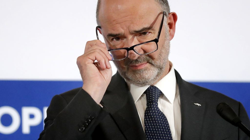 epa07486456 Pierre Moscovici, EU Commissioner for Economic and Financial Affairs, Taxation and Customs speaks about Brexit impact on EU countries during a press conference at the Informal reunion of the EU Finance ministers from the Euro Area (EUROGROUP) held at Parliament Palace in Bucharest, Romania, 05 April 2019.  EPA-EFE/ROBERT GHEMENT