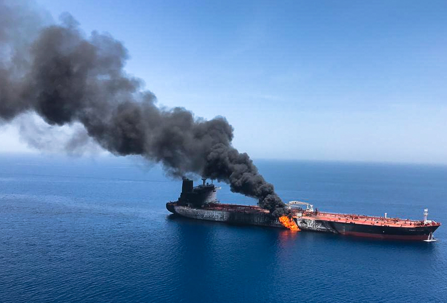 Crude oil tanker on fire in Gulf of Oman