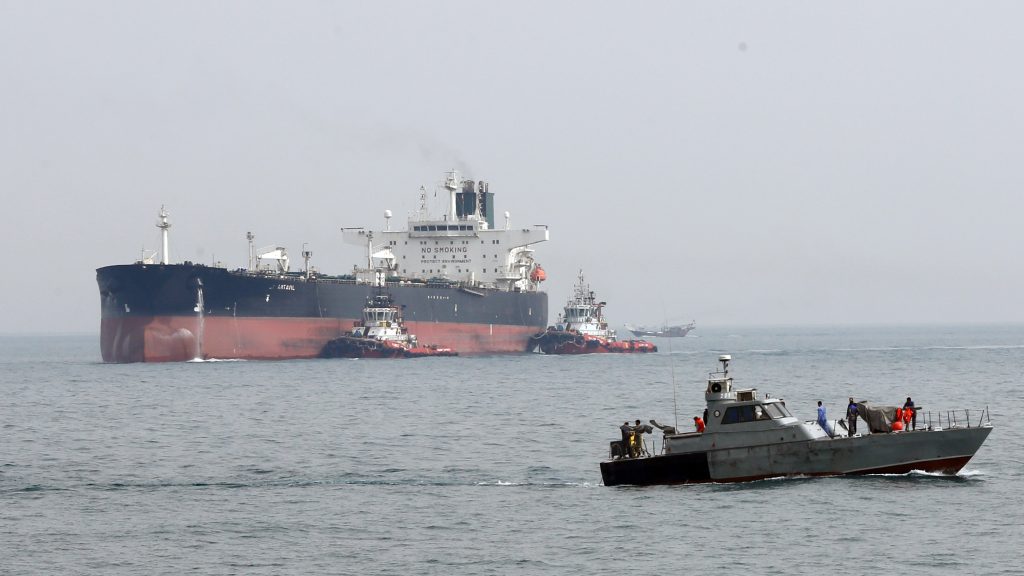 epa07709529 (FILE) – An Iranian military boat patrols next to the Artavil oil tanker, at the Kharg Island, in Persian Gulf, southern Iran, 12 March 2017 (reissued 11 July 2019). Reports on 11 July 2019 state British frigate HMS Montrose warned Iranian boats believed to belong to  Islamic Revolution Guard Corps (IRGC) of Iran that allegedly tried to impede the British Heritage tanker near the Gulf. HMS Montrose took position between the boats and the tanker while training its guns on the boats  reports state. The vessels then left the scene with no shots being fired on either side. Islamic Revolution Guard Corps (IRGC) has denied any involvement.  EPA-EFE/ABEDIN TAHERKENAREH