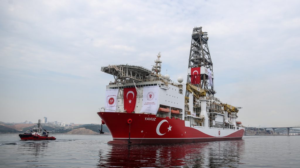 epa07660390 The Turkish drilling vessel Yavuz leaves from  Dilovasi port in city of Kocaeli, Turkey, 20 June 2019. Turkey’s second drilling ship will operate off the Karpas Peninsula to the northeast of the island of Cyprus. Yavuz will be determined by geology and geophysics studies of the vessel and it will take place at a depth of approximately 1,000 meters on the seabed and some 3,000 meters of drilling will be made, Bilgin said, adding that the ship will move to its second location once the first drill is completed.  EPA-EFE/ERDEM SAHIN
