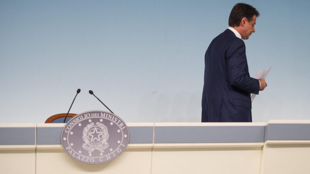 epa07763030 Italian Prime Minister Giuseppe Conte leaves after his speech at Chigi Palace, Rome, Italy, 08 August 2019. According to reports, Deputy Prime Minister Matteo Salvini has called for an early elections after the coalition has broken down erlier today.  EPA-EFE/RAFFAELE VERDERESE