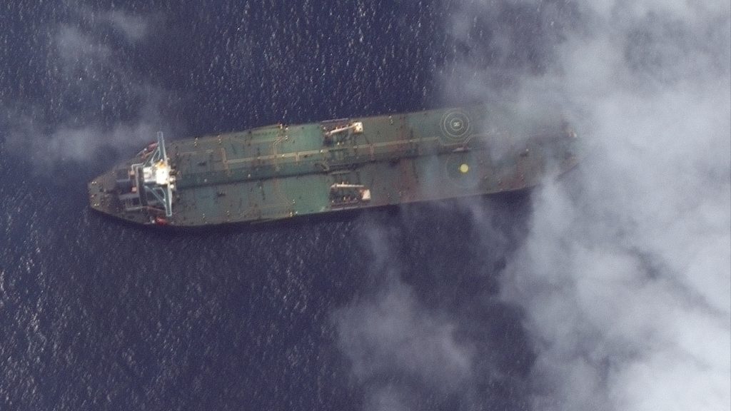 epa07826189 A satellite photo made available by MAXAR Technologies on 07 September 2019 shows a satellite image of the Adrian Darya-1 oil tanker off the coast of Tartus, Syria, 06 September 2019. The Iranian oil tanker ‚Adrian Darya 1‘, loaded with some 2.1 million barrels of oil and formerly know as the ‚Grace 1‘, was seized by Gibraltar authorities on 04 July on  suspicion of delivering Iranian oil to Syrian Banyas refinery in violation of EU sanctions.  EPA-EFE/SATELLITE IMAGE ©2019 MAXAR TECHNOLOGIES / HANDOUT (Satellite image © 2018 DigitalGlobe, a Maxar company) HANDOUT EDITORIAL USE ONLY/NO SALES
