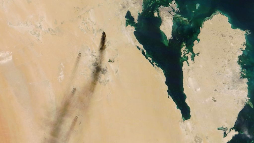 epa07844126 A handout photo made available by NASA Worldview shows a satellite image of smoke from fires at two major oil installations in eastern Saudi Arabia, 14 September 2019 (issued 15 September 2019), following alleged drone attacks claimed by Yemen’s Houthi rebels. According to Saudi state-owned oil company Aramco, two of its oil facilities in Saudi Arabia, Khurais and Abqaiq, were set on fire on 14 September after allegedly having been targeted by drone attacks. In picture is seen Bahrain (island, top) and Qatar (peninsula, R).  EPA-EFE/NASA WORLDVIEW HANDOUT  HANDOUT EDITORIAL USE ONLY/NO SALES