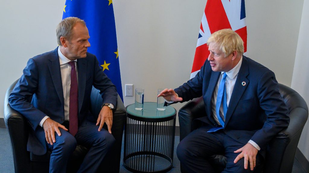epa07864821 Donald Tusk (L), President of the European Council, and Boris Johnson, Prime Minister of the United Kingdom, meet during the 2019 Climate Action Summit which is being held ahead of the General Debate of the General Assembly of the United Nations at United Nations Headquarters in New York, New York, USA, 23 September 2019. The General Debate of the 74th session of the UN General Assembly begins on 24 September.  EPA-EFE/DON EMMERT / POOL