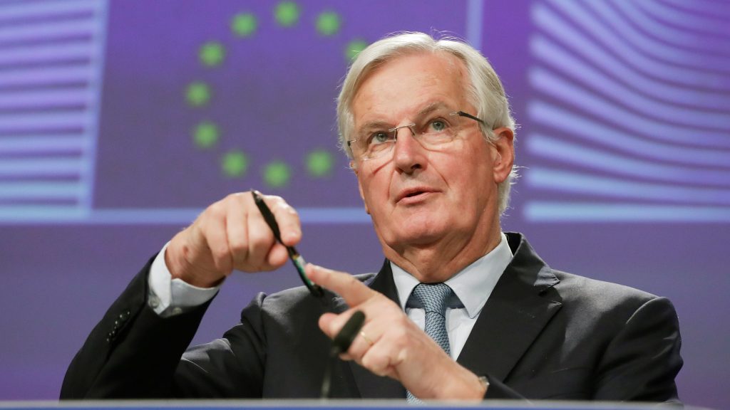 epa07927060 European Union chief Brexit negotiator Michel Barnier gives a press briefing on the sidelines of Brexit negotiation in Brussels, Belgium, 17 October 2019. Brexit talks continued in Brussels ahead of a EU summit scheduled for 17 and 18 October.