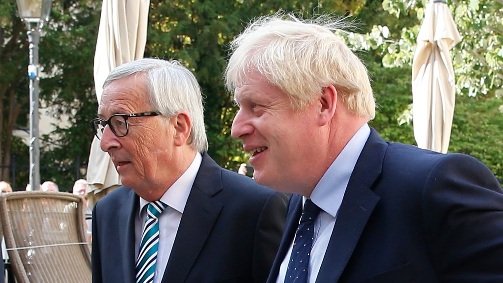 epa07846294 Acting European Commission President Jean-Claude Juncker (L) welcomes British Prime Minister Boris Johnson (R) for a meeting in Luxembourg, 16 September 2019. British Prime Minister Boris Johnson is on a one-day visit in Luxembourg to discuss the United Kingdom leaving the European Union, dubbed Brexit.  EPA-EFE/JULIEN WARNAND