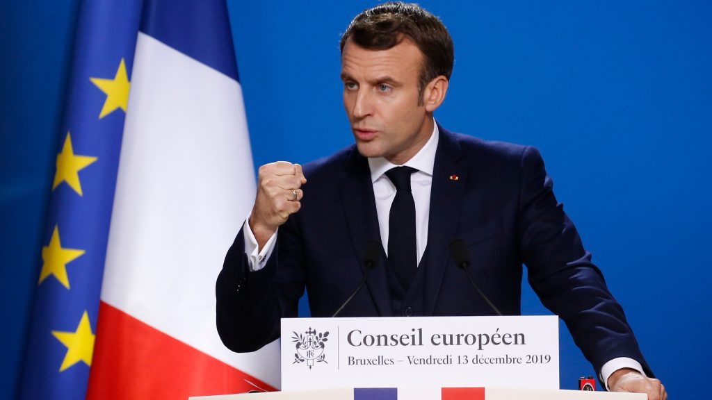 epa08068710 French President Emmanuel Macron holds a press conference at the end of the European Council summit in Brussels, Belgium, 13 December 2019. EU leaders gathered in Brussels on 12 and 13 December to discuss climate change, the EU’s long-term budget and external relations, the economic and monetary union and Brexit, among other issues.  EPA-EFE/JULIEN WARNAND /