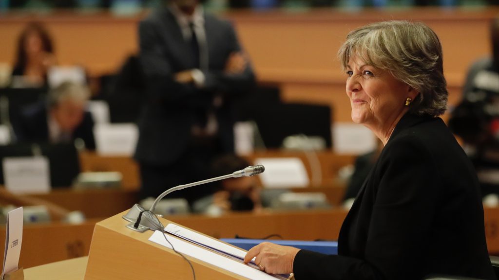 epa07889751 European Commissioner-designate in charge of cohesion and reforms, from Portugal , Elisa Ferreira  during her hearing before the European Parliament in Brussels, Belgium  02 October 2019.  EPA-EFE/OLIVIER HOSLET