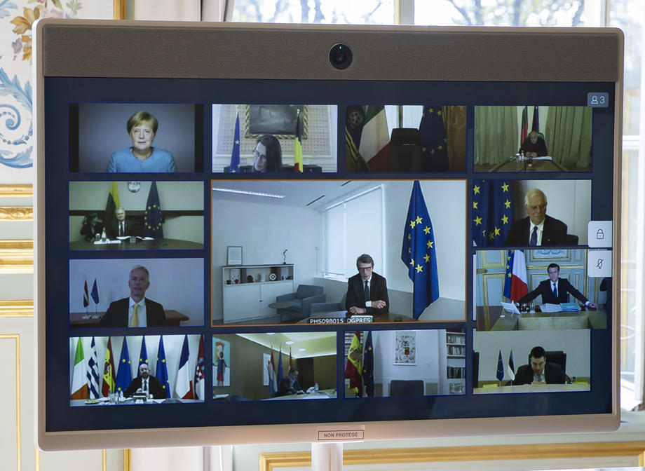 French President Macron European council video conference