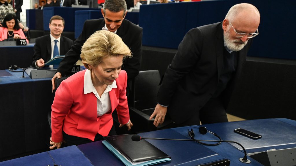 epa08028409 European Commission President-elect Ursula von der Leyen (L) and First Vice-President of European Commission Frans Timmermans (R) take their seats before the adress to the European Parliament ahead of a vote of Members of the European Parliament on her college of commissioners, in Strasbourg, France, 27 November 2019.  EPA-EFE/PATRICK SEEGER